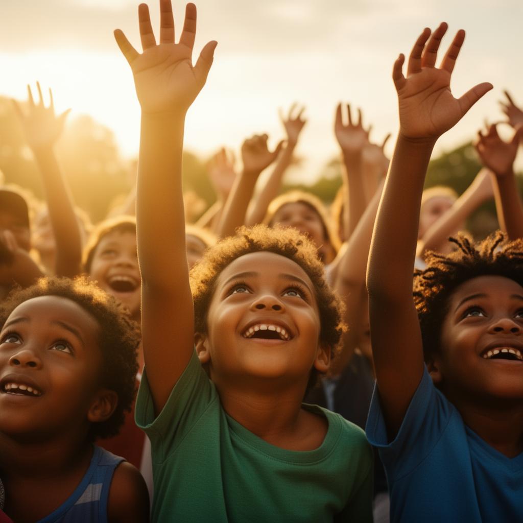 Children with arms raised at golden hour — Kidz Kan Flly